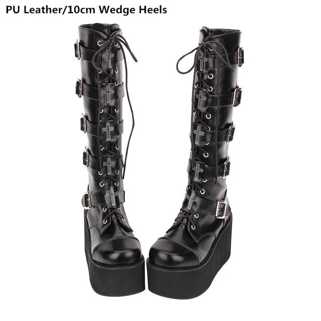 Japanese Harajuku Platform Chunky Heel Cosplay Boots Women Black Leath ...