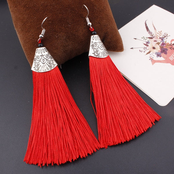 Hocole Bohemian Crystal Tassel Earrings Black White Blue Red Pink Silk Chicmaxonline 