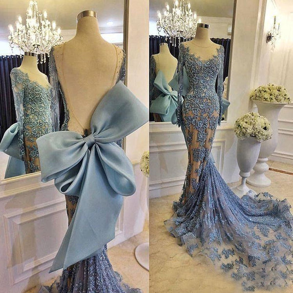 Abiye Sexy Long Mermaid Evening Dresses With Full Sleeves Backless Big ...