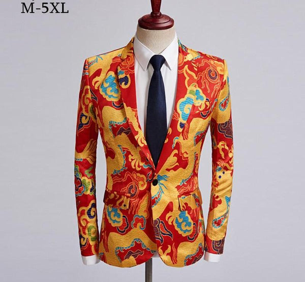 PYJTRL Tide Men Chinese Style Red Gold Dragon Design Casual Suit Jacke ...