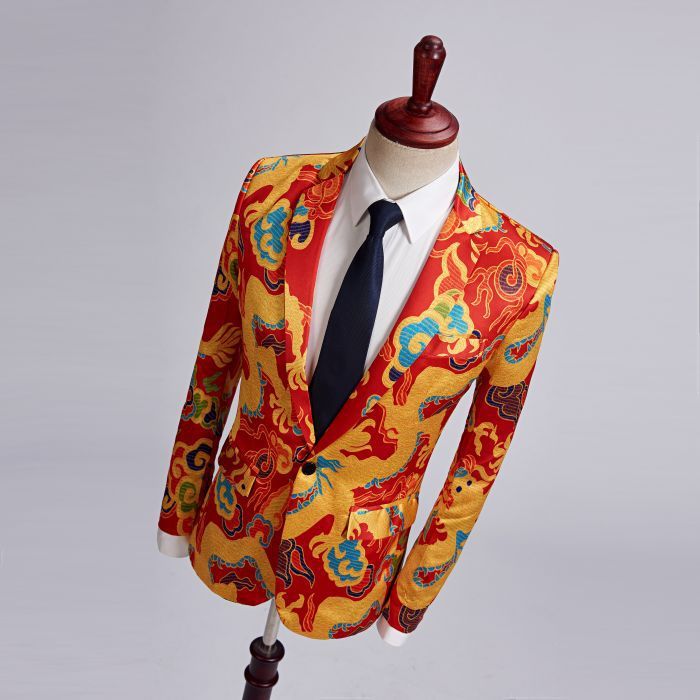 PYJTRL Tide Men Chinese Style Red Gold Dragon Design Casual Suit Jacke ...