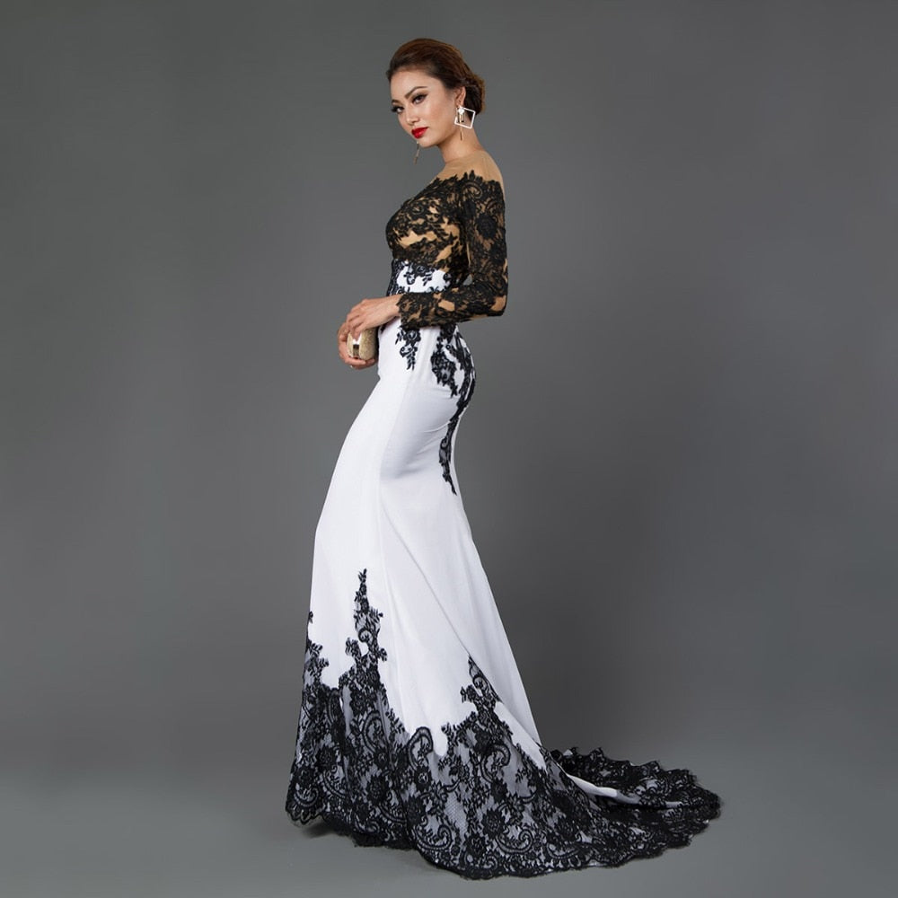 Long Sleeve Mermaid Evening Dresses Appliques black lace sweep train f ...