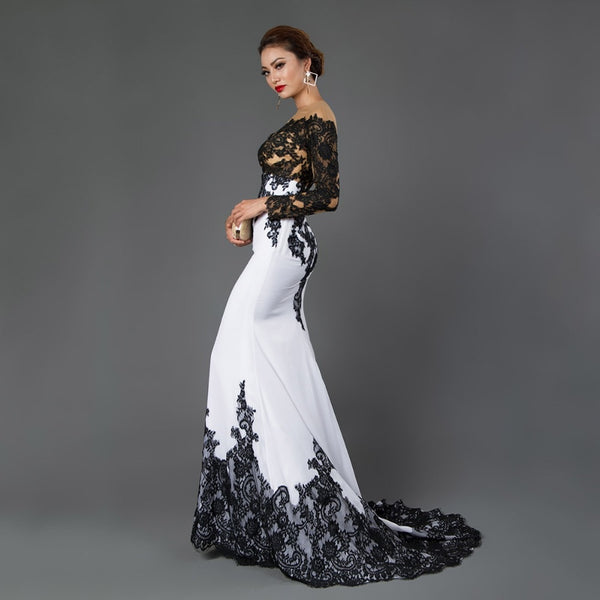 Long Sleeve Mermaid Evening Dresses Appliques black lace sweep train f ...