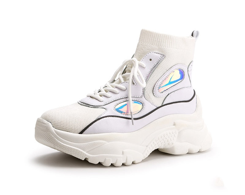 ADBOOV New High Top Platform Sneakers Women Glitter Ankle Boots Sock S ...
