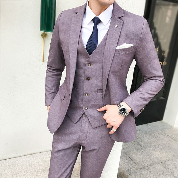 3Piece Plaid Suits For Men Blue Light Purple Mens Wedding Costume Tern ...