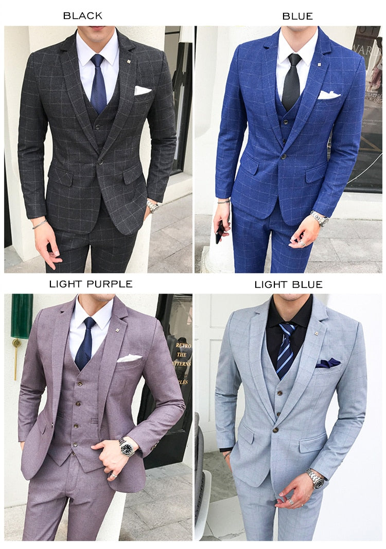 3Piece Plaid Suits For Men Blue Light Purple Mens Wedding Costume Tern ...