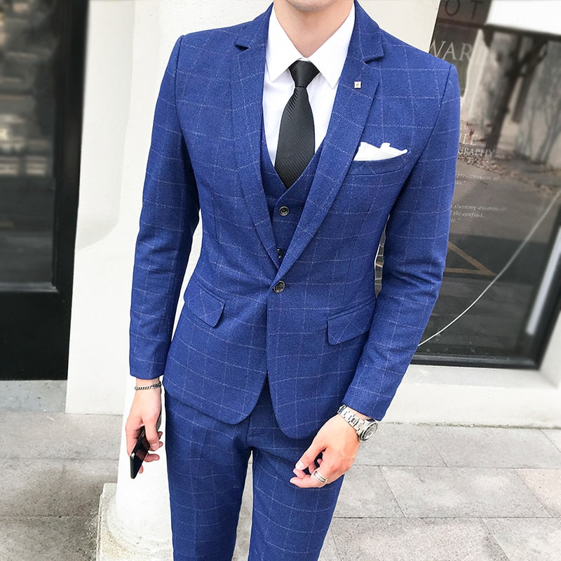 3Piece Plaid Suits For Men Blue Light Purple Mens Wedding Costume Tern ...