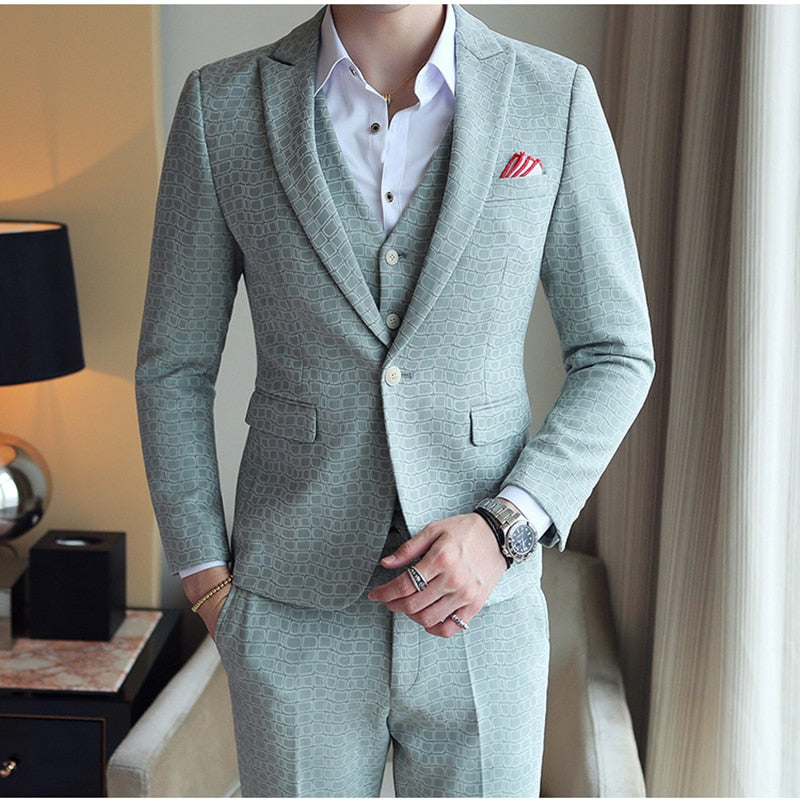 Gray Khaki Green Plaid Suit Men 2019 Spring Autumn High