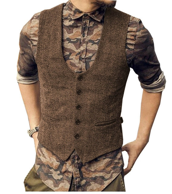 Men's Wool Tweed Slim Fit Leisure Cotton Suit Vest Gentleman Herringbo ...