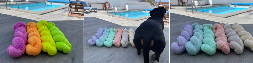 yarn by the pool with a dog butt 