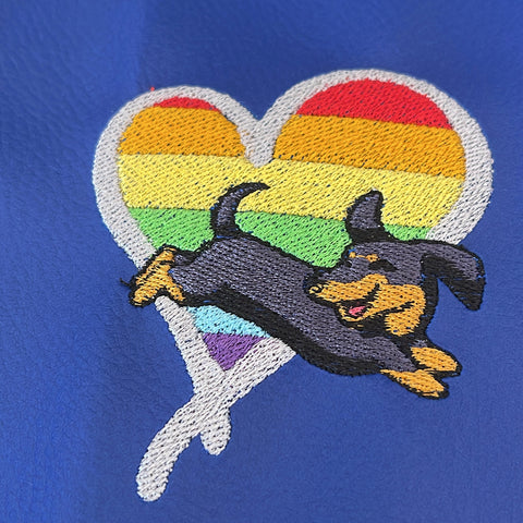 embroidered dog over a heart