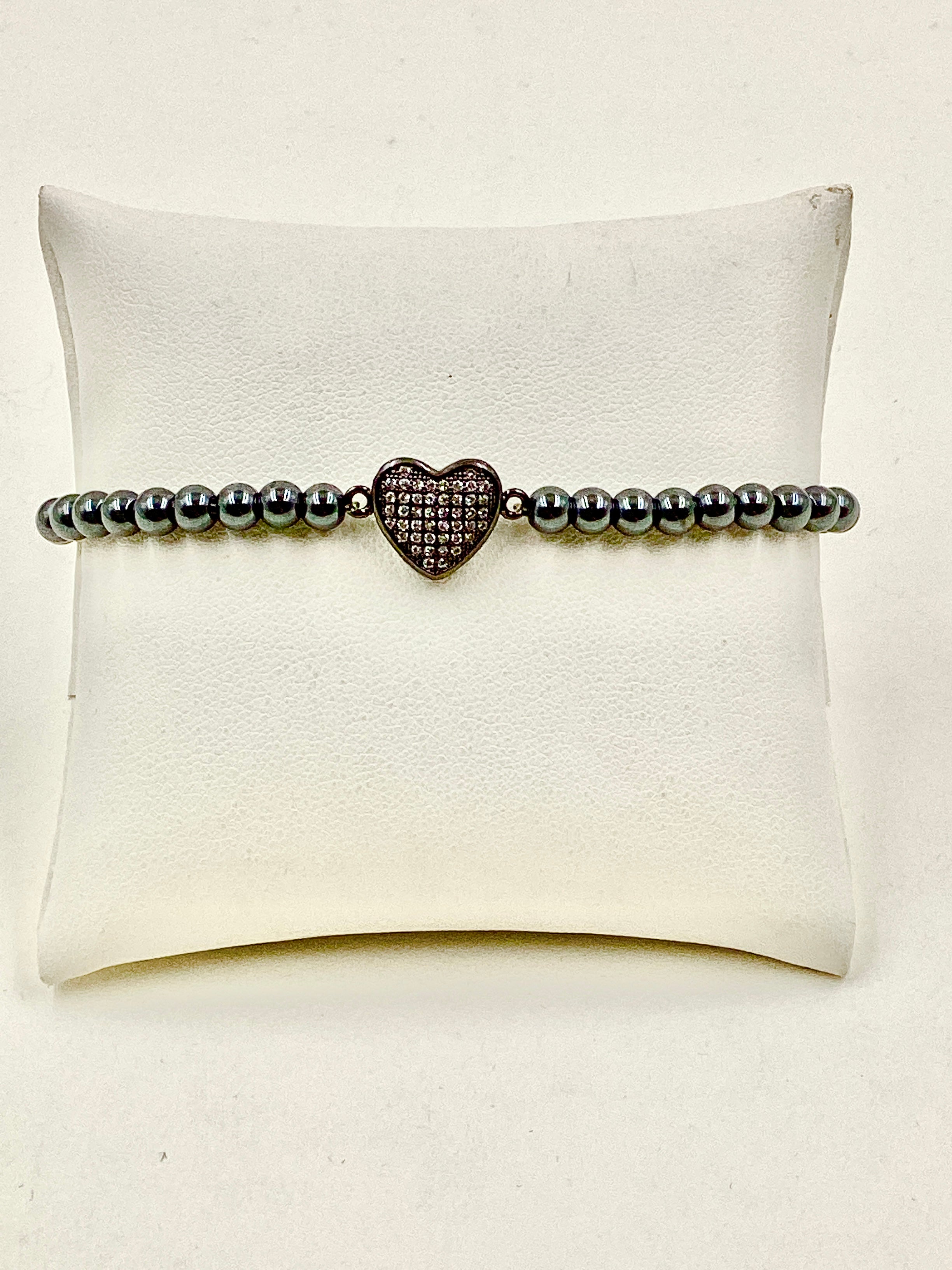 4MM Oxidized  Bead Pave Heart Bracelet