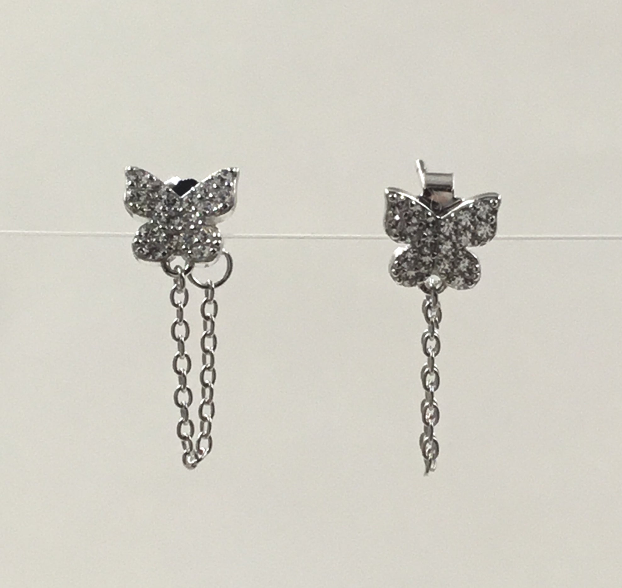 Pave' Butterfly Post Earrings with Sterling Silver Chain Connector