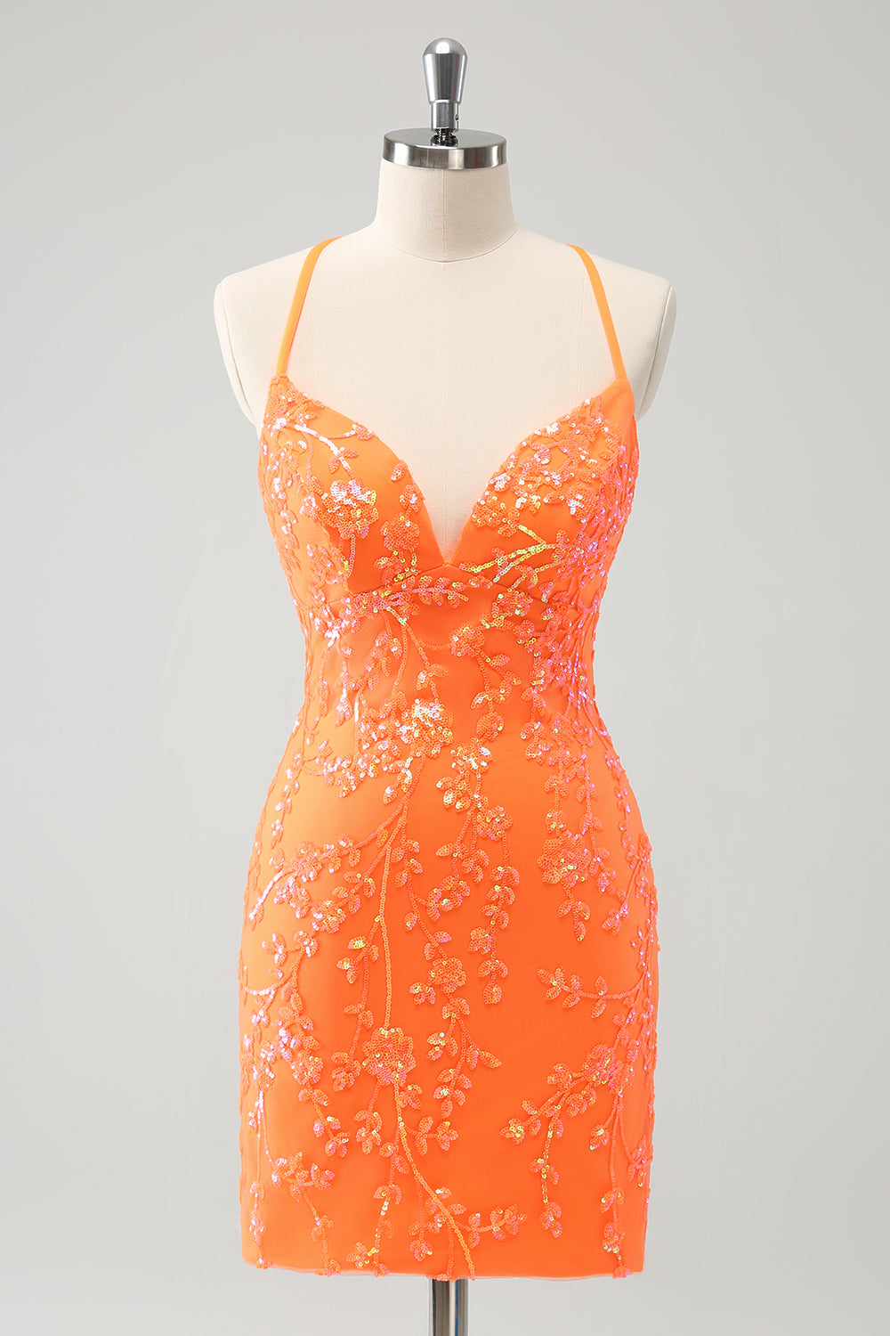 Sparkly Orange Lace-Up Back Tight Short Homecoming Dress with Sequins - ZAPAKA product image