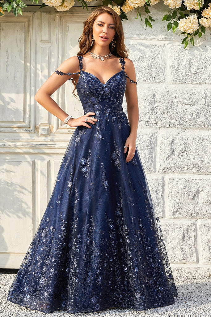 Zapaka Women Navy Long Prom Dress A Line Off the Shoulder Formal Dress ...