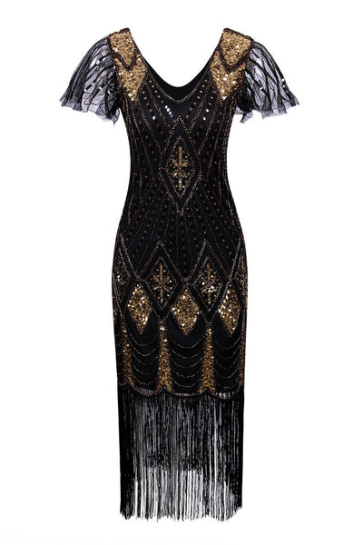 Flapper 1920s Sequins Dress with long fringes and sheer sleeves