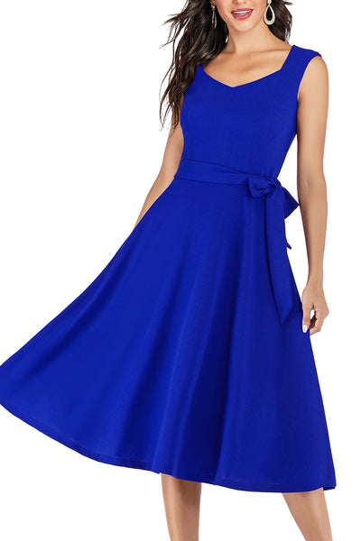 Zapaka Women Retro Style V Neck Royal Blue Bow Vintage Party Dress – ZAPAKA