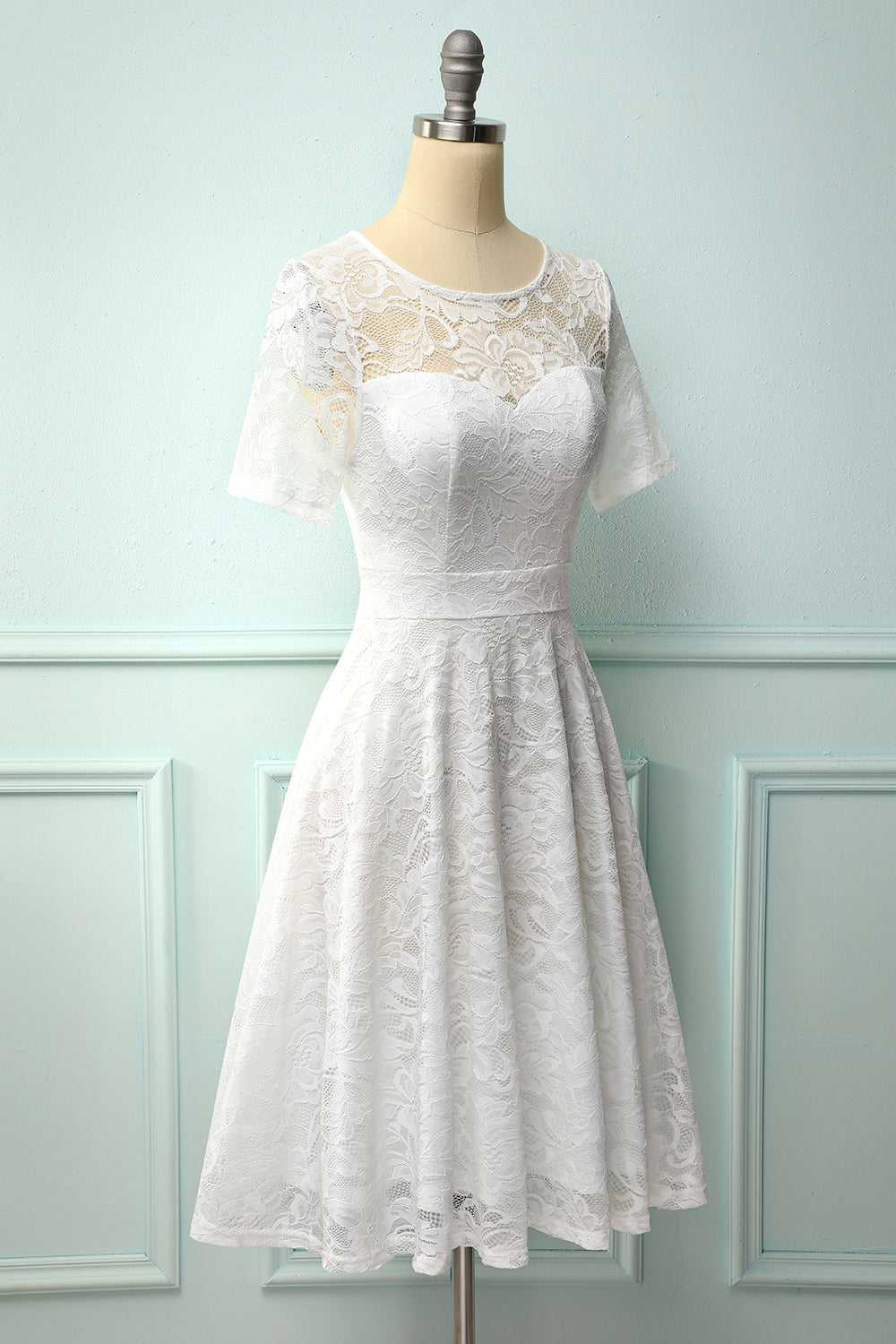 Vintage A-line Round Neck White Lace Semi-Formal Party Dress With ...
