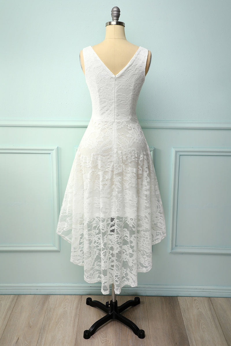 White A Line V Neck Sleeveless High Low Lace Semi Formal Party Dress ...