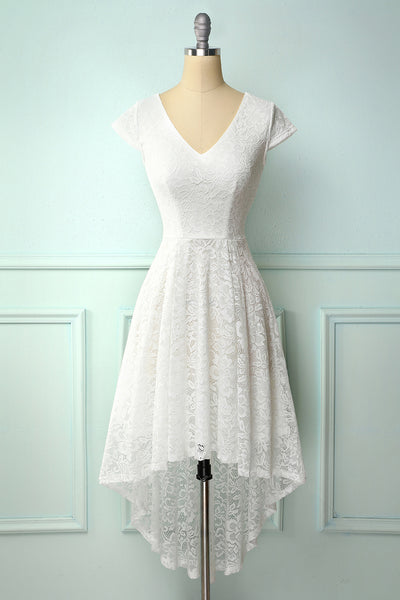 Vintage A-line White V-neck High Low Lace Bridesmaid Formal Dress – ZAPAKA