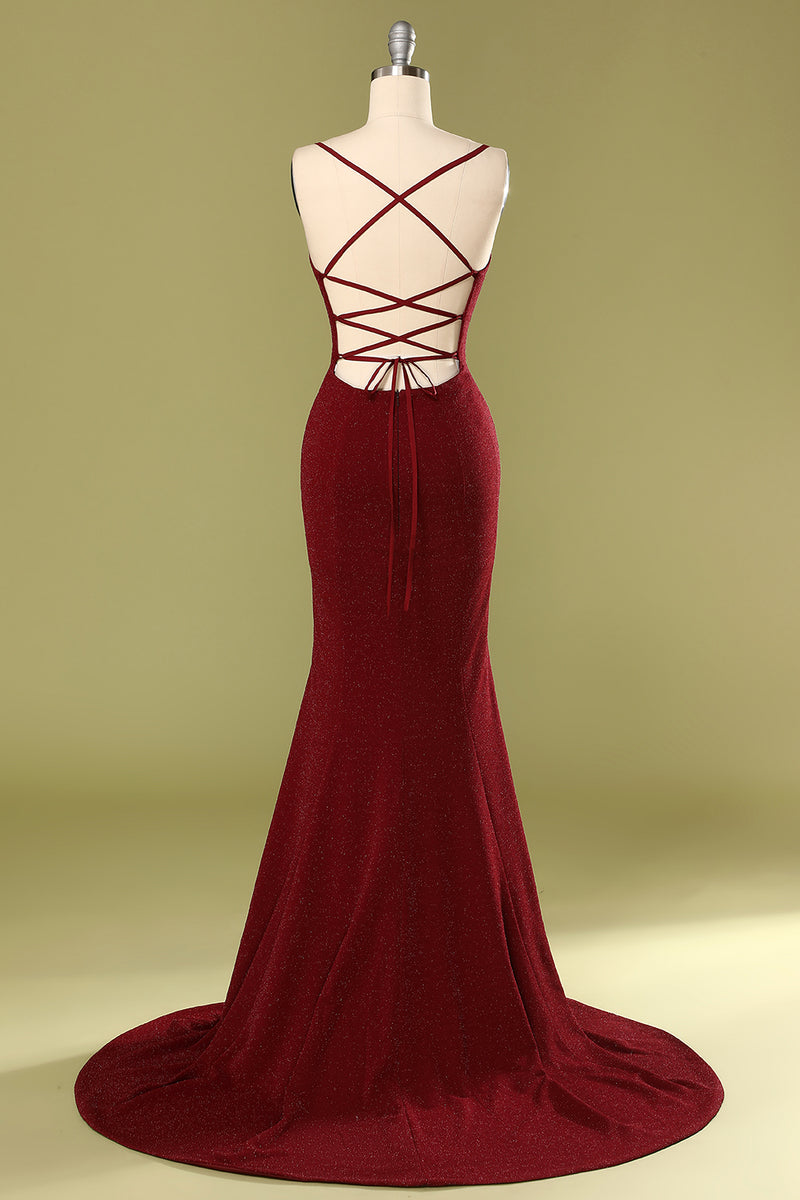 Zapaka Women's Burgundy Spaghetti Straps V-neck Prom Evening Dress – ZAPAKA