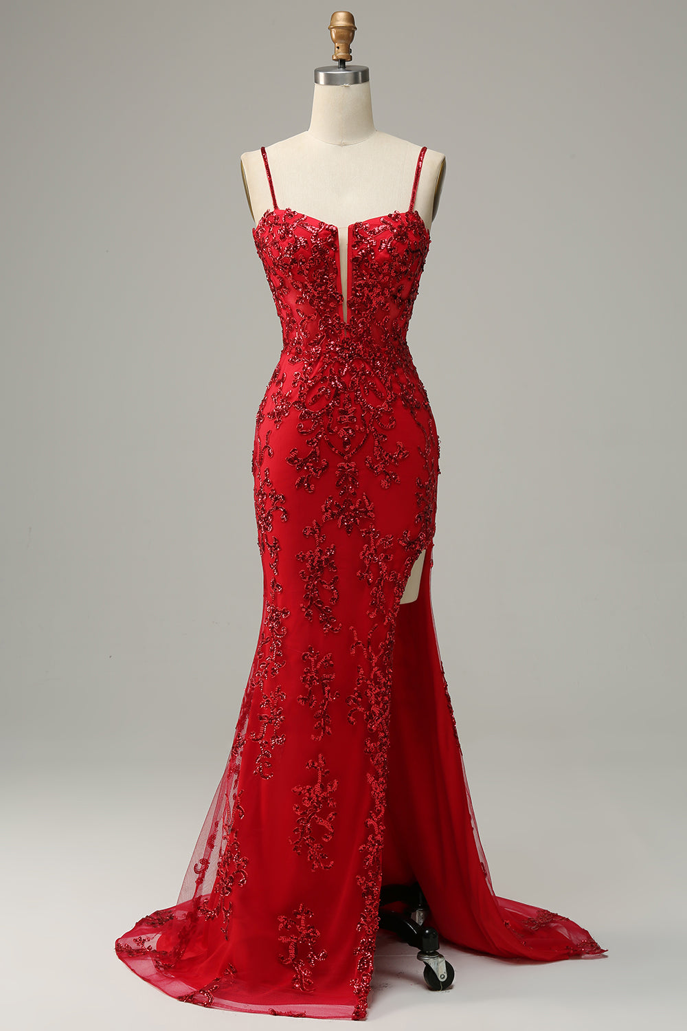 Zapaka Women Red Sequins Long Prom Dress Mermaid Spaghetti Straps Formal  Dress with Split Front – ZAPAKA