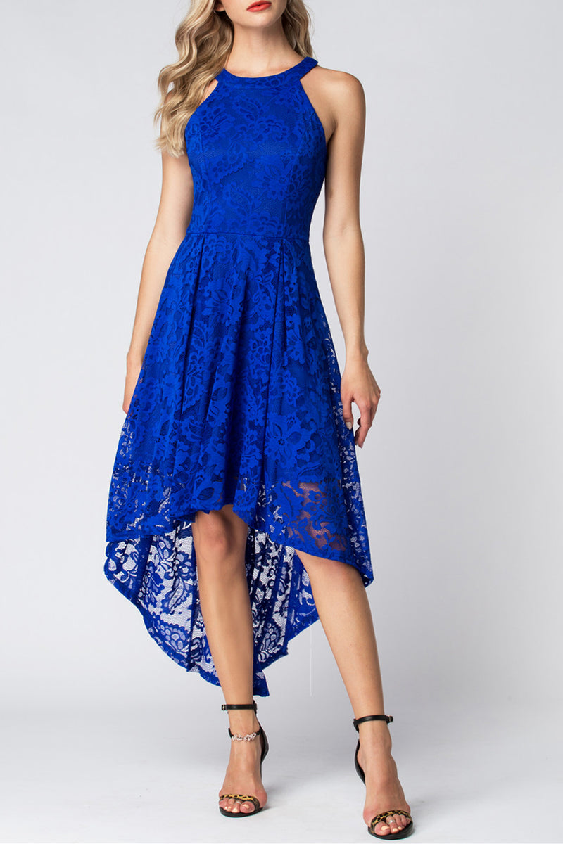 Asymmetric A Line Royal Blue Round Neck High Low Lace Dress – ZAPAKA