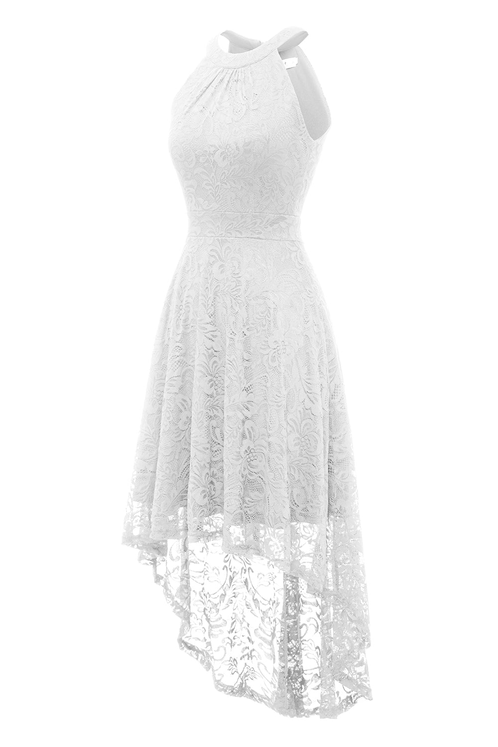 Zapaka Women High Low Lace Dress White Round Neck Short Bridesmaid Dress Zapaka 7215