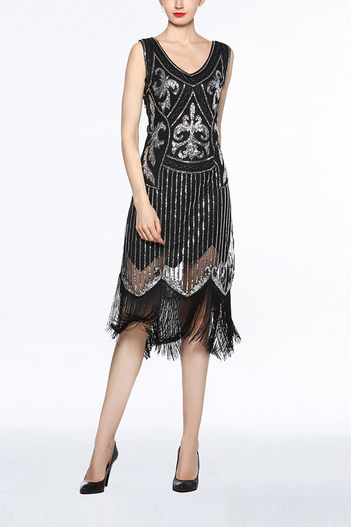 Women V Neck 1920s Fringe Sequin Flapper Dress