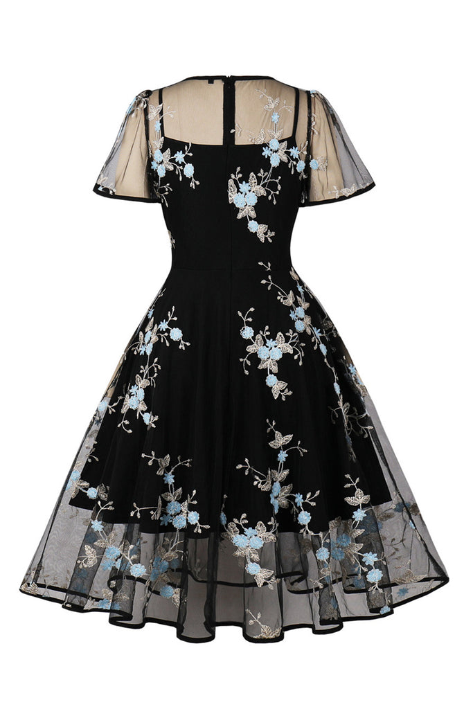ZAPAKA Women Vintage Dress Short Sleeves Swing Black 1950s Dress with ...