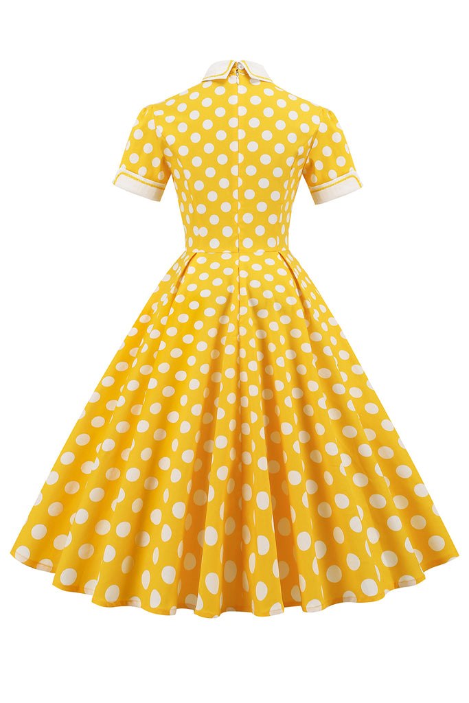 ZAPAKA Women Vintage Dress Yellow Polka Dots Print Spring 1950s Swing Dress
