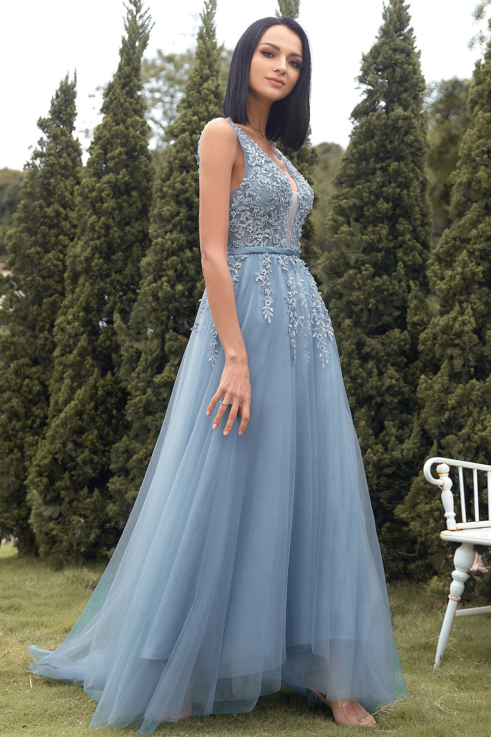 ZAPAKA Women Tulle Long Blue Prom Dress A-line Backless Party Dress ...