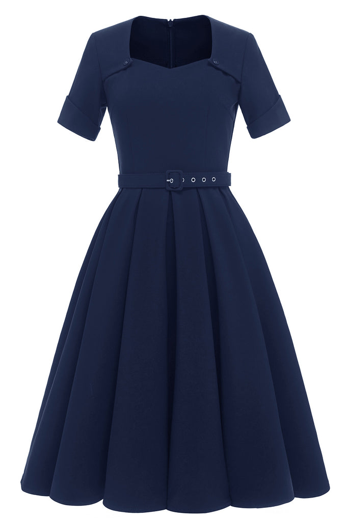 ZAPAKA Women Vintage Dress Burgundy A-line Short Sleeves 1950s Swing ...