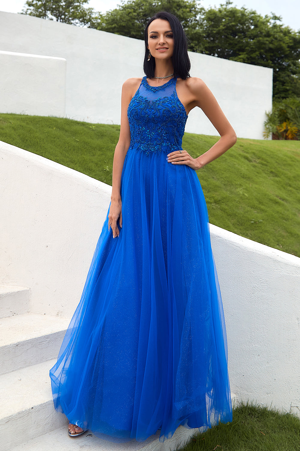 Zapaka Women Tulle Prom Dress Royal Blue A Line Party Dress With Appliques 2009