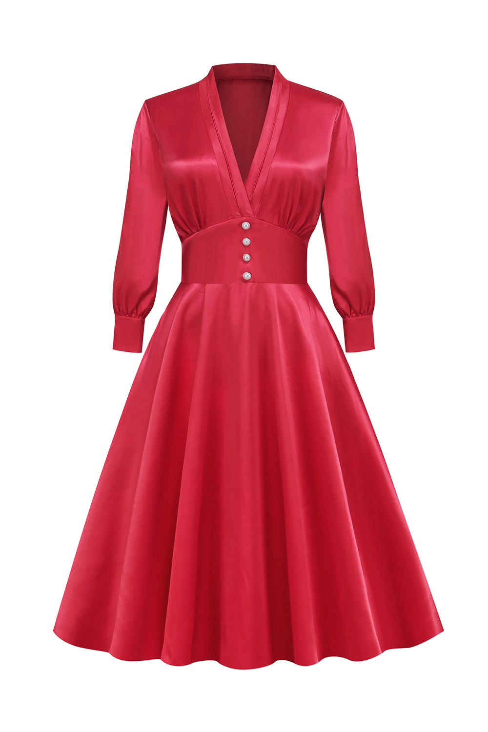 Zapaka Women Red Vintage Dress Retro Style V Neck 1950s Dress with Long ...