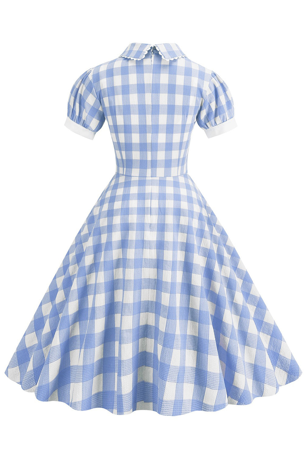 Zapaka Women Blue Plaid Doll Collar Vintage Dress with Short Sleeves ...