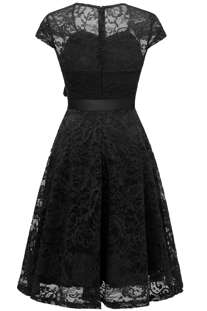 Zapaka Women Black Lace Dress Sweetheart Short Sleeves Party Dress – ZAPAKA