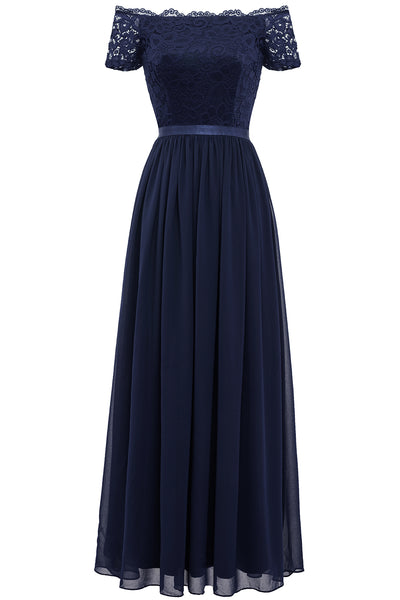 Zapaka Women Wedding Guest Dress Long Lace Dress Navy Off the Shoulder ...