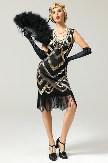 Sequins 1920s Fringe Black and Gold Flapper Dress