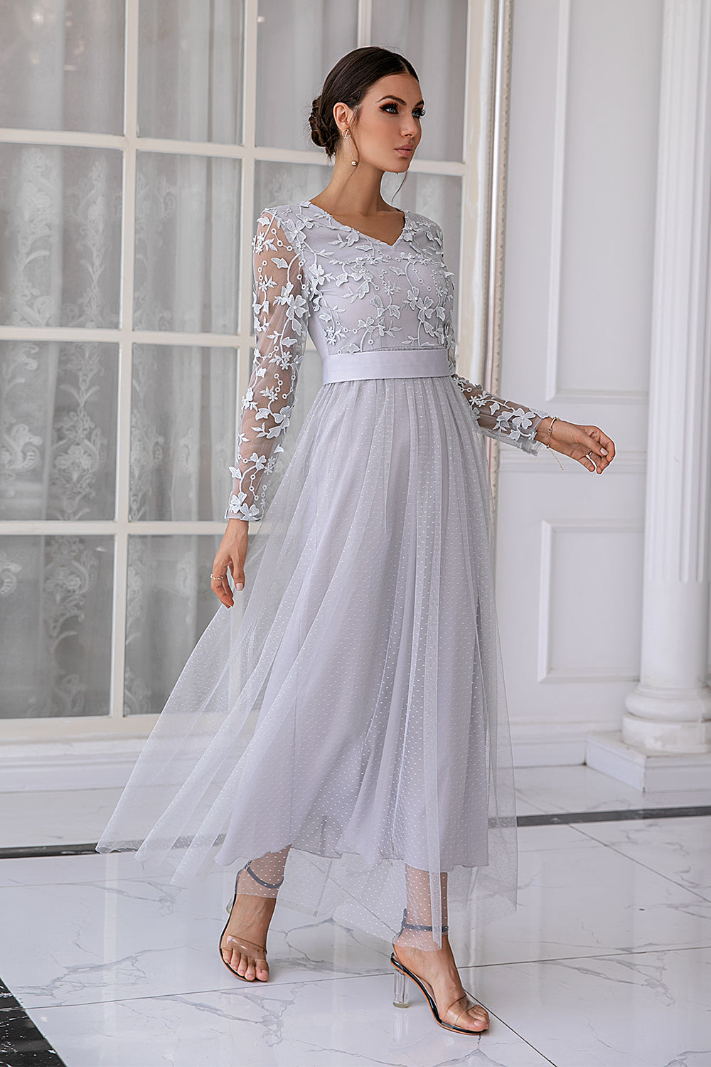 ZAPAKA Women Mother of Bride Dress Grey Tulle V-neck Long Sleeves ...