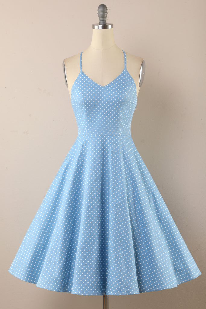 ZAPAKA Women 1950s Dress Blue Polka Dots A-line Spaghetti Straps ...