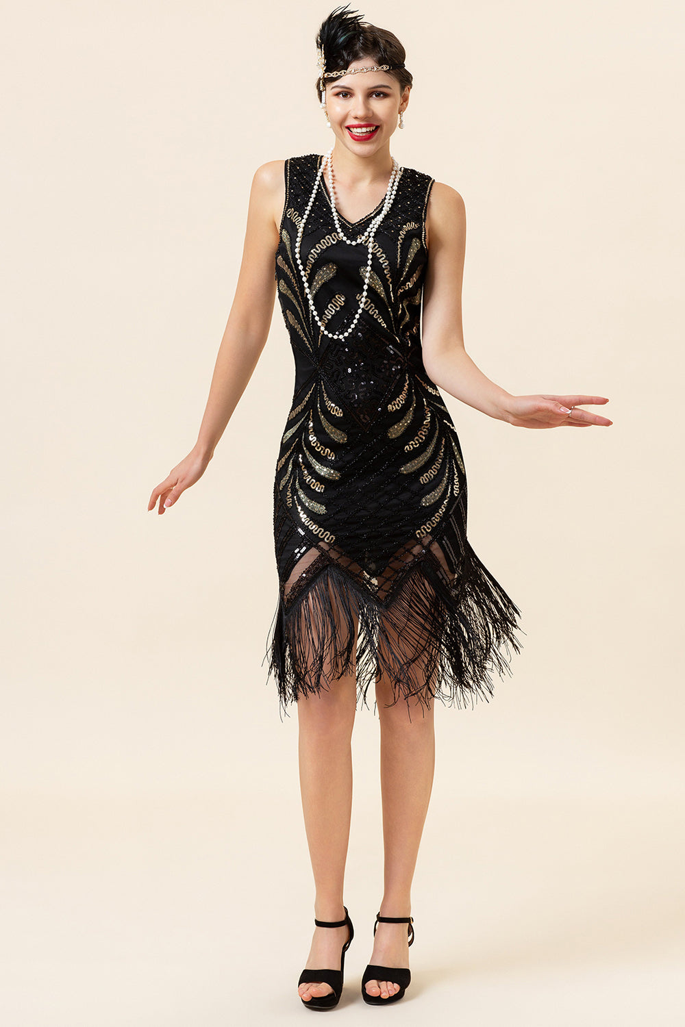 Women Black 1920s Fringe Sequin Flapper Dress