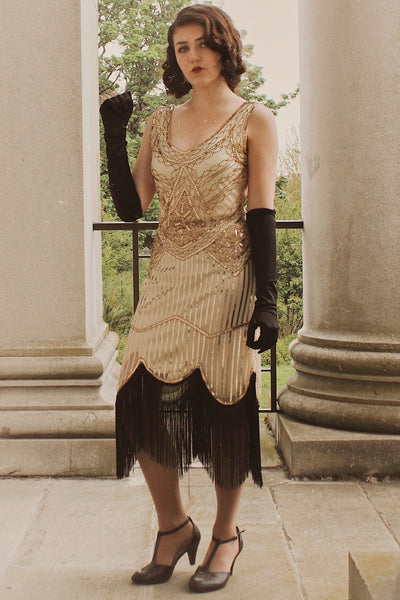 Women's Great Gatsby Daisy Buchanan 1920s champagne color dress with fringes and sequins