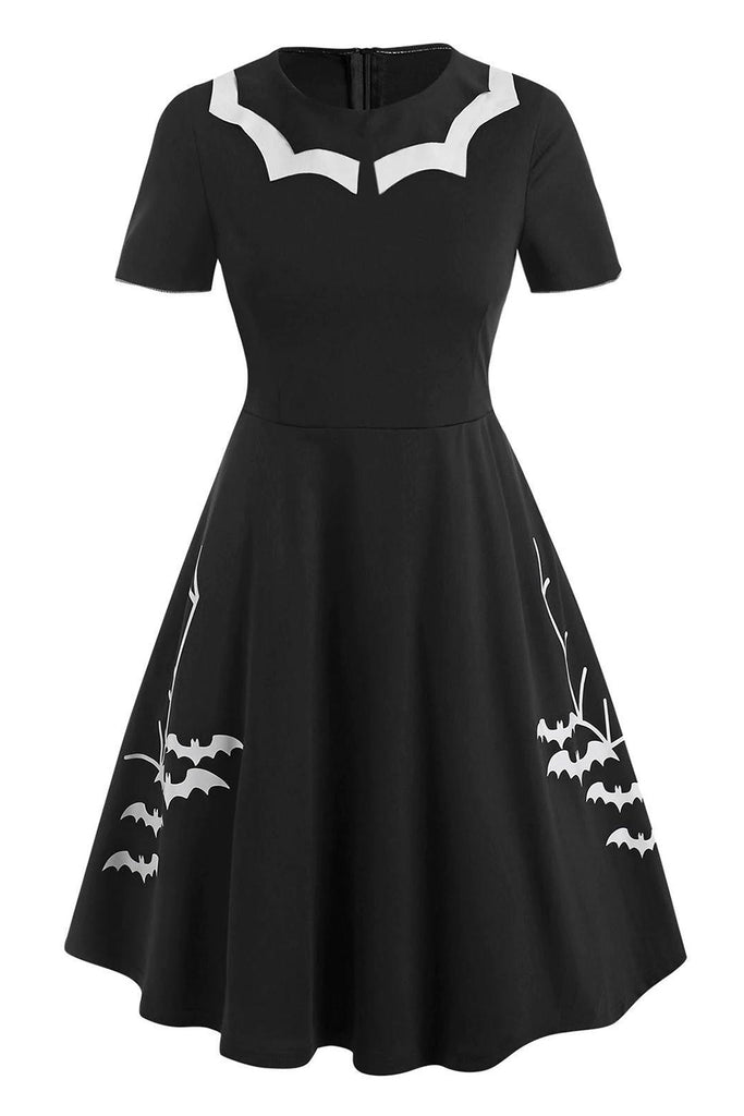 Zapaka Women Black Halloween Dress Bat Print Vintage 1950s Dress with ...