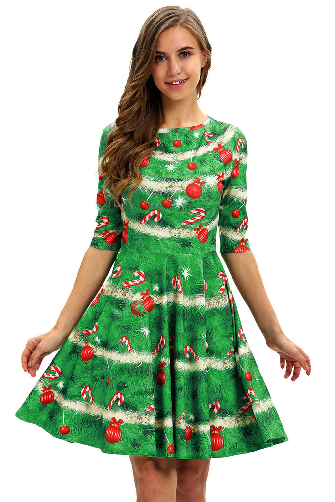 ZAPAKA Women Christmas Vintage Dress Green Print A-line 1950s Swing Dress