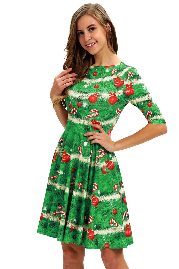 ZAPAKA Women Christmas Vintage Dress Green Print A-line 1950s Swing Dress