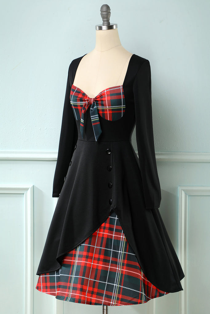 ZAPAKA Women Vintage Dress Black Plaid A-line 1950s Dress with Long Sleeves