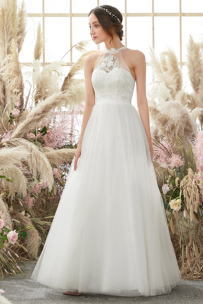 zapaka-white-halter-neck-sleeveless-floor-length-wedding-dress