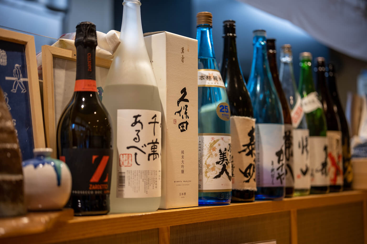 Sake bottles come in various sizes and colors