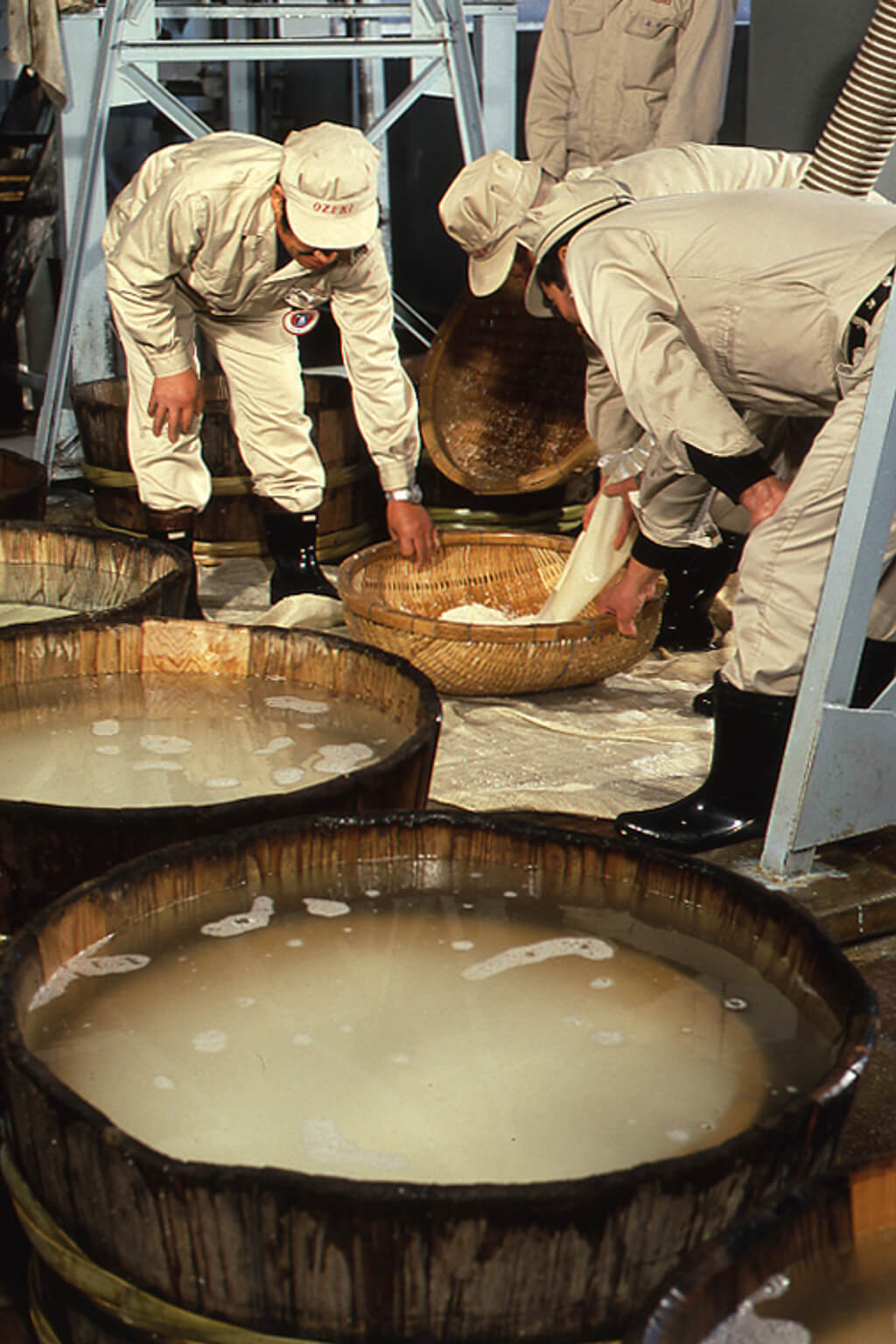 Brewery workers called “kurabito” prepare the rice for sake making